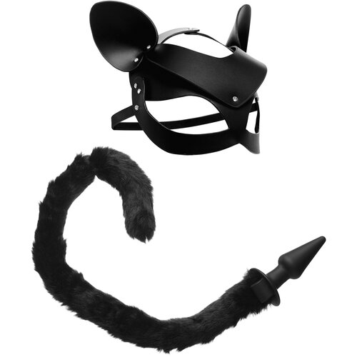 Tailz Black Cat Tail Anal Plug & Mask Set Black Cene