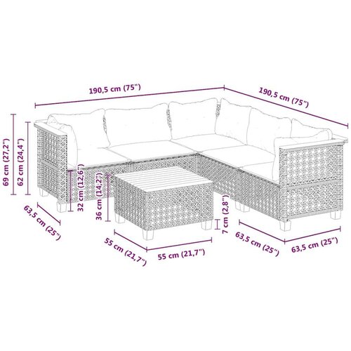 VidaXL 6-dijelni set vrtnih sofa s jastucima bež od poliratana Slike