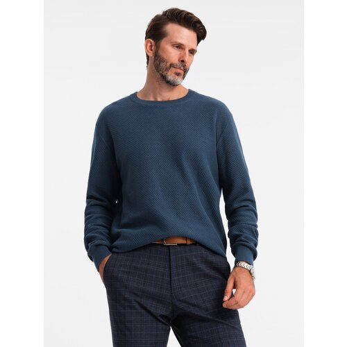 Ombre Men&amp;#039;s RELAXED FIT knitted diamond-knit sweater - navy blue Slike