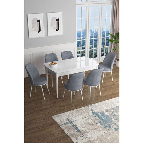 Hanah home Han - White, Grey WhiteGrey Extendable Dining Table & Chairs Set (7 Pieces) Cene