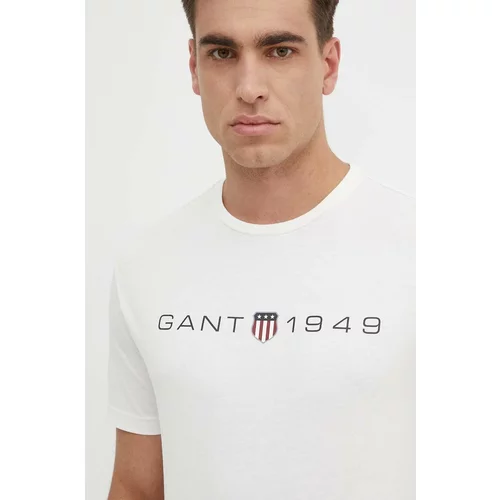 Gant Pamučna majica za muškarce, boja: bež, s tiskom