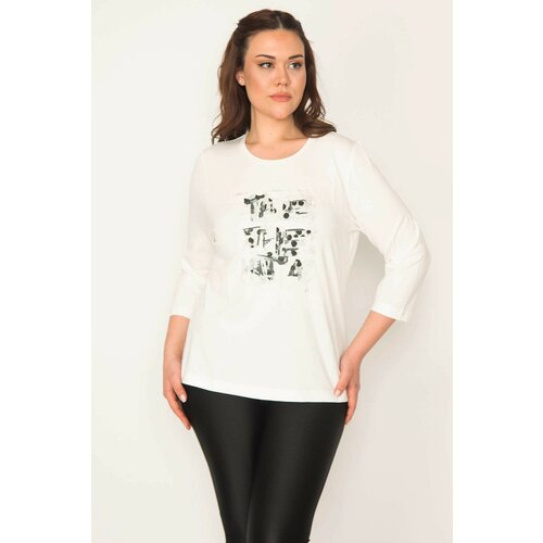 Şans women's bone plus size silvery printed capri sleeve lycra blouse Slike