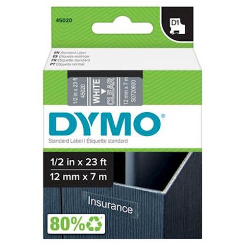 Dymo D1 Schriftband 12 mm x 7 m white / transparent 45020 Slike