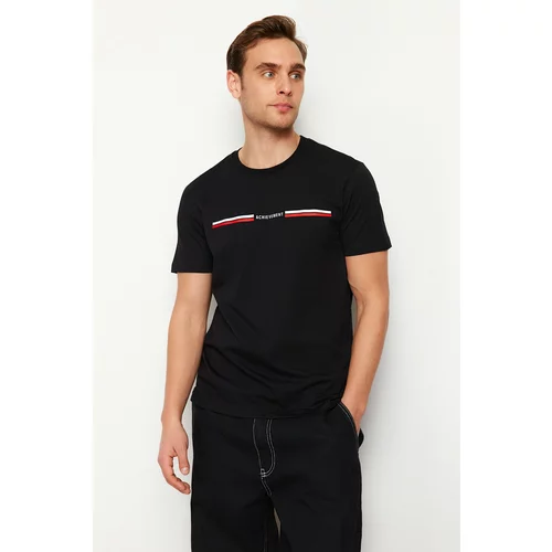 Trendyol Men's Black Regular/Real Fit Stripe Pattern 100% Cotton T-shirt