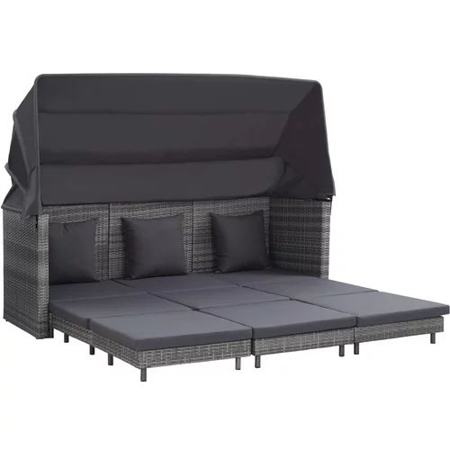 vidaXL Raztegljiv kavč trosed z ležiščem in streho poli ratan siv, (20698035)