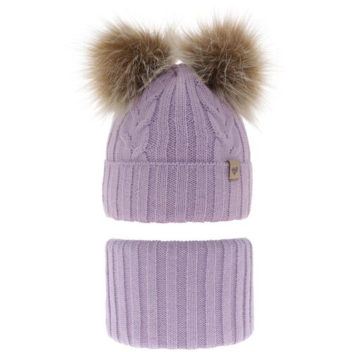 AGBO Girl&amp;#039;s winter set: hat and tube scarf violet with two pompoms Amala Slike
