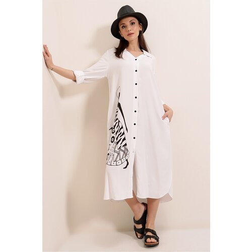 By Saygı Women&amp;#039;s Figure Printed Oversized Shirt Dress with Pockets White Slike