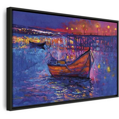  Slika - Modern impressionism - night landscape of a lake with a floating boat 90x60 U crnom drvenom okviru Cijene