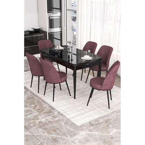 Hanah home trpezarijski set Via, sto na razvlačenje i 6 stolica, ploča u dekoru crnog mermera, puder roze tkanina Jerry Cene