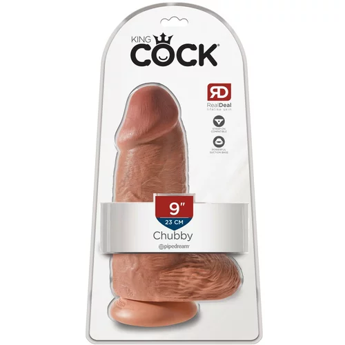 King Cock 9 Chubby - pripenjalni, testisni dildo (23 cm) - temno naraven