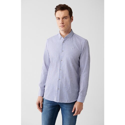 Avva Men's White Easy-Iron Button Collar Striped Slim Fit Narrow Cut Shirt Slike