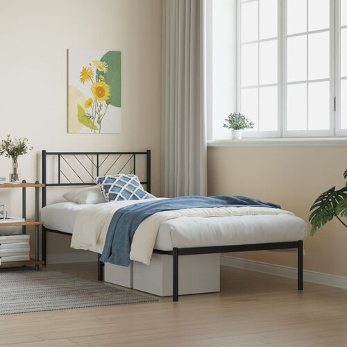 VidaXL Kovinski posteljni okvir z vzglavjem črn 75x190 cm Slike