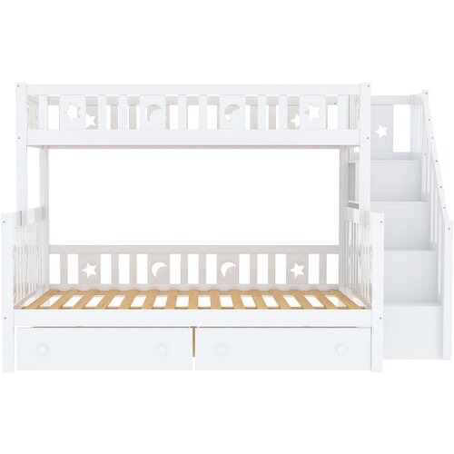 Lumor Postelja na zgornjem nadstropju 90x200/140x200 cm – Z varnostno lestvijo, dva velika predala, leseni okvir – Bela, (22156097) Cene