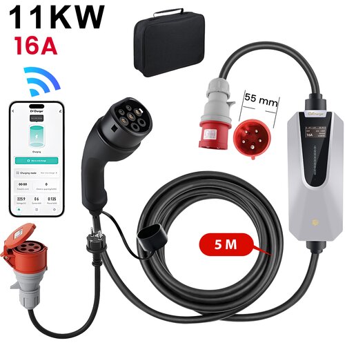 JUNSUN Tip 2 EV električni avtomobilski polnilni kabel &amp;ndash; 11kW, nastavljiv tok, LCD zaslon, prenosni polnilnik 5 m z vtičem Schuko 6-16A IP67 APP, adapter, (5000035265) Slike