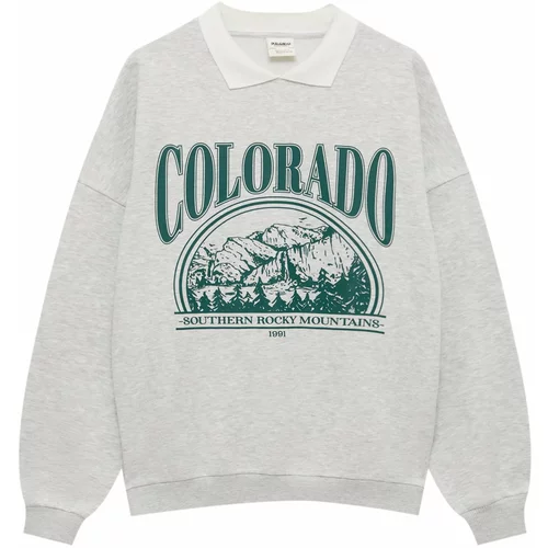 Pull&Bear Sweater majica siva melange / smaragdno zelena / bijela