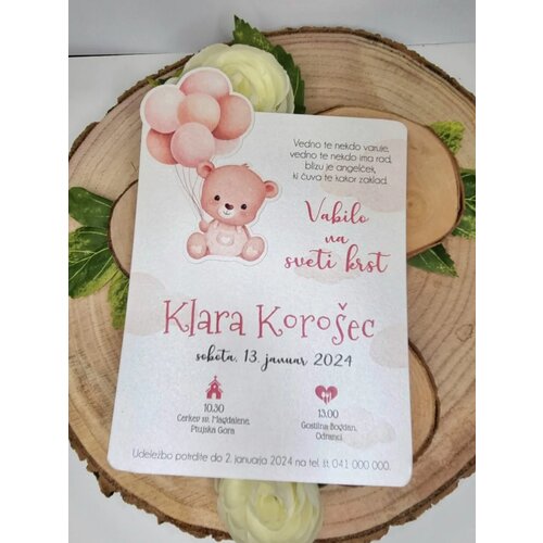  Vabilo za krst z izrezanim medvedkom- roza REK 02-01 Cene