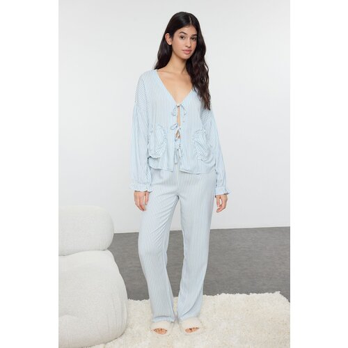 Trendyol Light Blue Striped Ribbon/Bow/Tie Detail Viscose Woven Pajama Set Slike