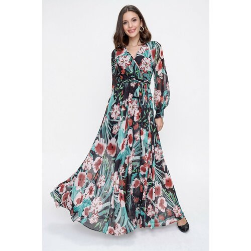 By Saygı Double Breasted Neck Long Sleeve Lined Floral Print Chiffon Long Dress Green Slike