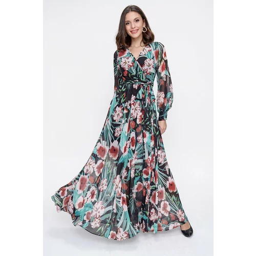 By Saygı Double Breasted Neck Long Sleeve Lined Floral Print Chiffon Long Dress Green