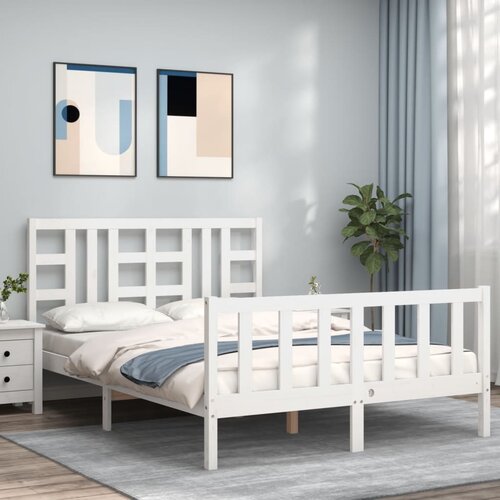 VidaXL Okvir kreveta s uzglavljem bijeli 140 x 190 cm od masivnog drva Slike