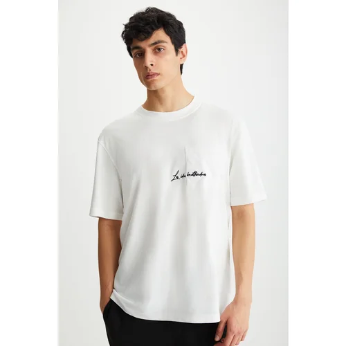 Grimelange RAMADANP013 Men's 100% Cotton Crew Neck Printed Ecru T-Shir