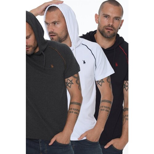 Dewberry TRIPLE SET T8570 HOODED MEN'S T-SHIRT-ANTHRACITE-WHITE-NAVY BLUE Slike