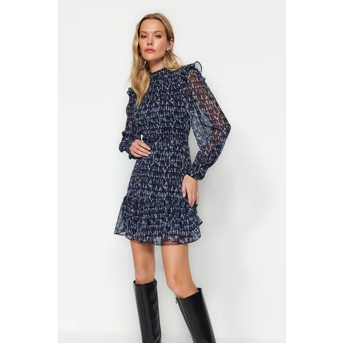 Trendyol Navy Blue Belted Mini Dress with Opening Waist, Woven Lined Ruffle Detailed Dress