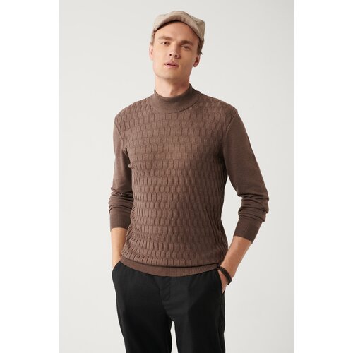 Avva Men's Light Brown Knitwear Sweater Half Turtleneck Front Textured Cotton Regular Fit Cene