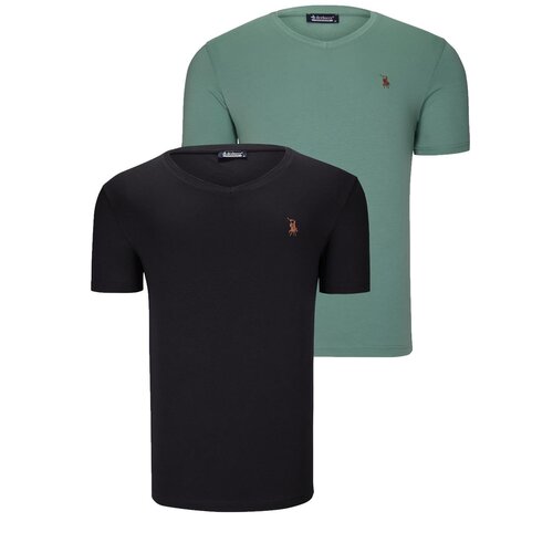 Dewberry DUAL SET T8568 V-NECK MENS T-SHIRT-BLACK-LIGHT GREEN Cene