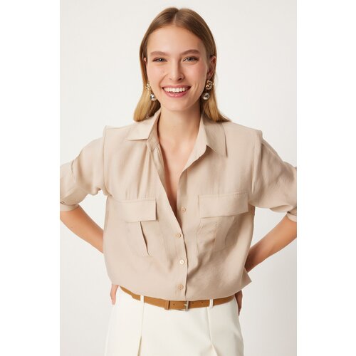 Happiness İstanbul Women&amp;#039;s Beige Wide Pocket Tencel Shirt Slike