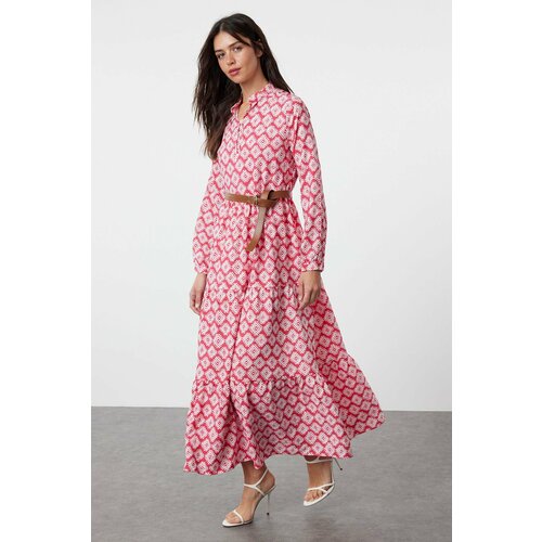 Trendyol Fuchsia Belted Skirt Flounced Floral Patterned Lined Woven Dress Cene