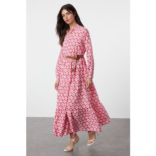 Trendyol Fuchsia Belted Skirt Flounced Floral Patterned Lined Woven Dress Slike