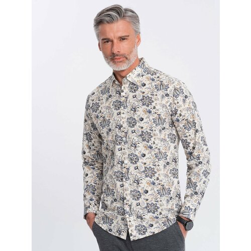 Ombre Men's SLIM FIT shirt in floral pattern - beige-gray Cene