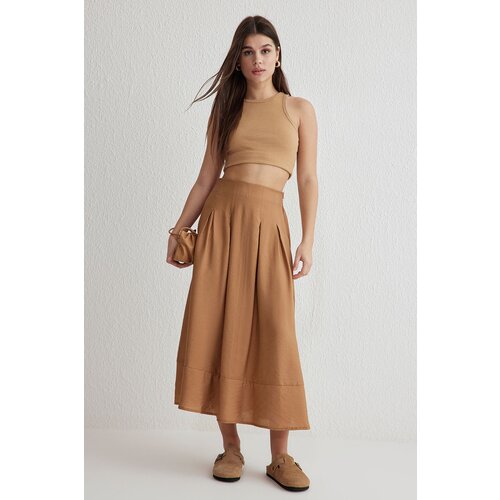 Trendyol Light Brown Flowy Fabric A-line Pattern Midi Length Skirt Slike