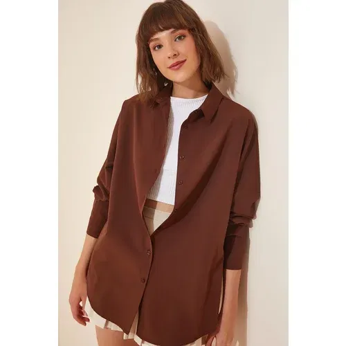 Happiness İstanbul Women's Chocolate Oversize Long Basic Shirt