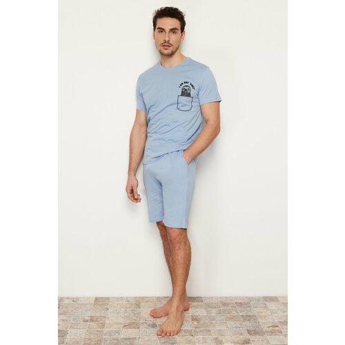 Trendyol Men's Blue Printed Regular Fit Knitted Pajamas Set Slike