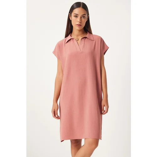 Happiness İstanbul Women's Dusty Rose Polo Neck Summer Loose Linen Ayrobin Dress