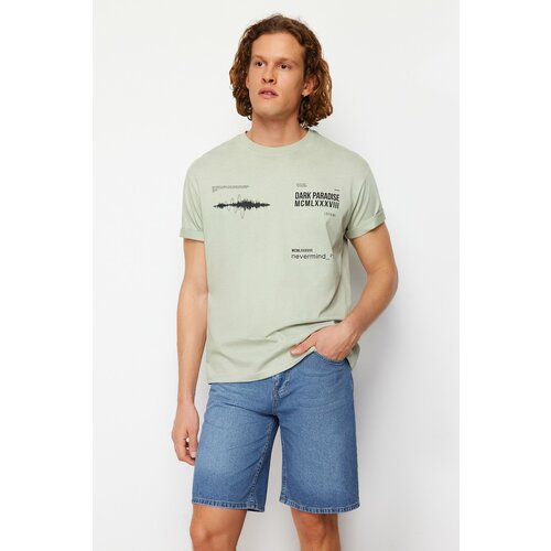 Trendyol Mint Men's Relaxed Fit Crew Neck Text Printed 100% Cotton T-Shirt Cene
