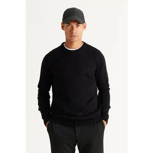 AC&Co / Altınyıldız Classics Men's Black Standard Fit Normal Cut Crew Neck Jacquard Knitwear Sweater.