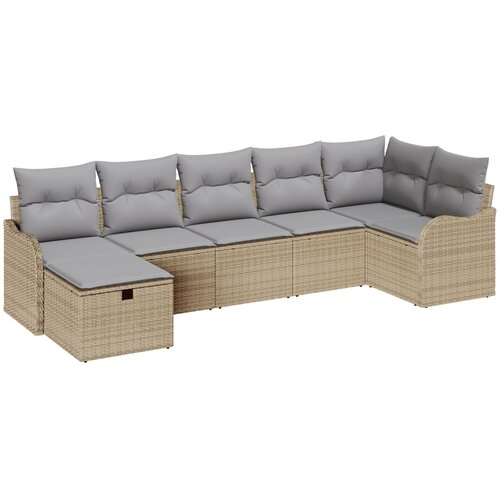 VidaXL 7-dijelni vrtni sofa set s jastučićima bež poli ratan, 2-sjedalni vrtni kauč s pohranom i jastučićima bež poli ratan Slike