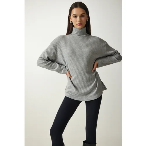  Women's Gray Turtleneck Ribbed Oversize Knitted Blouse