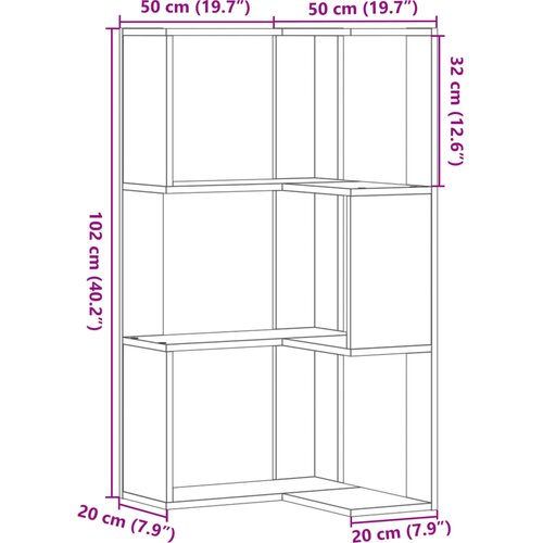  Kutni regal z knjige 3 razine artisian hrast 50x50x102cm drveni Slike