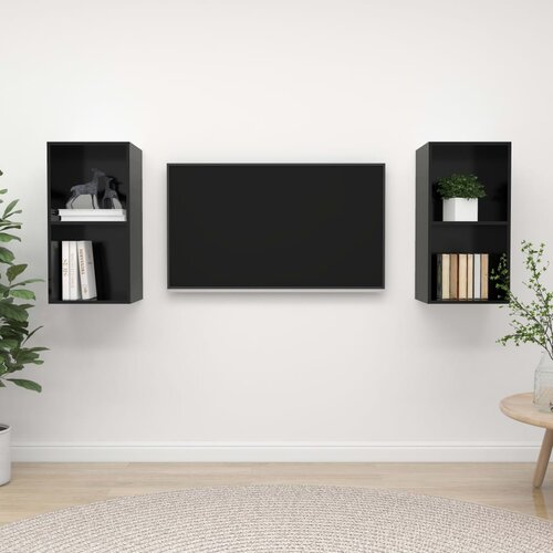The Living Store Stenska TV omarica 2 kosa visok sijaj črne barve iverna plošča - TV Omarica, (21375572) Cene