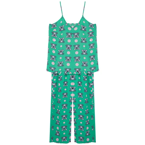 Trendyol Curve Mint Koala Patterned Woven Pajama Set