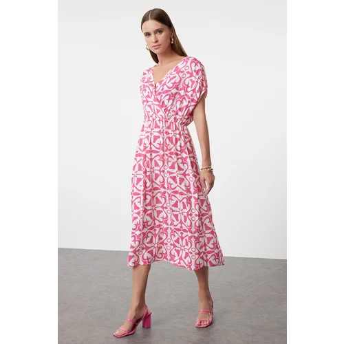 Trendyol Pink Printed A-Line Double Breasted Collar Woven Dress Woven Dress