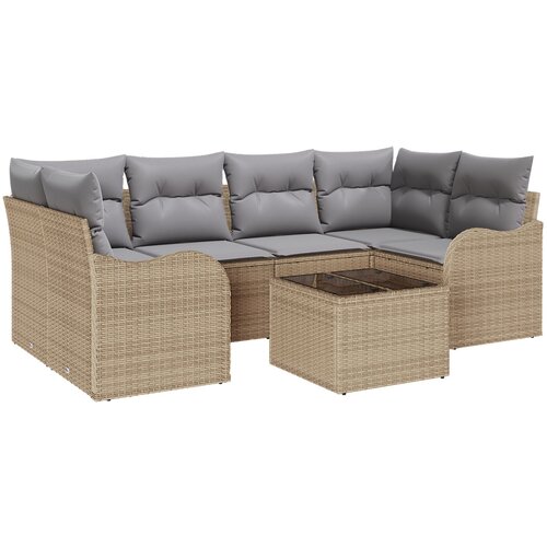 VidaXL set vrtne sofe od 7 delova s jastučićima - Bež poly ratan, dvosjedna vrtna sofa s jastučićima - Bež poly ratan Slike