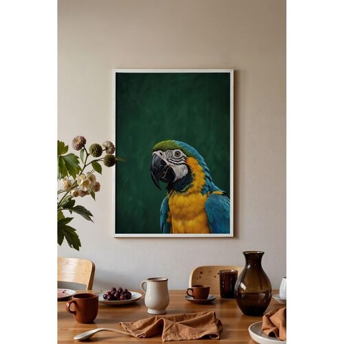 Wallxpert uramljena slika 115207, ara papagaj u plavoj i žutoj boji na tamnozelenoj pozadini, 50 x 70 cm, beli ram Slike