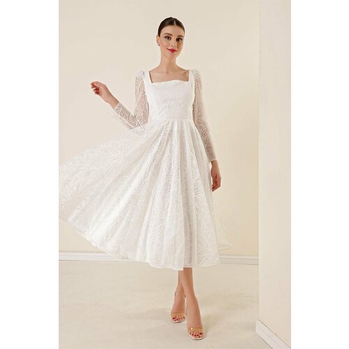 By Saygı Square Collar Lined Glittery Flocked Printed Dress Ecru Cene