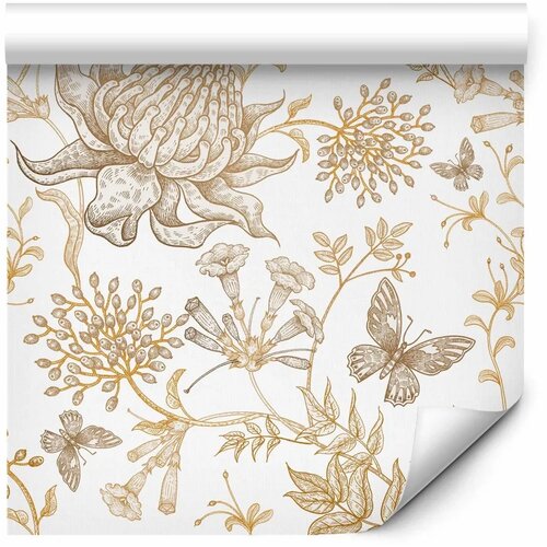  Tapeta - Beige flowers and butterflies on white background 50x1000 Cene