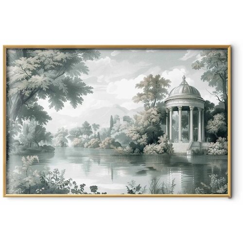  Plakat - Landscape with a Park and Lake in Retro Greens 60x40 Zlatni okvir Cene